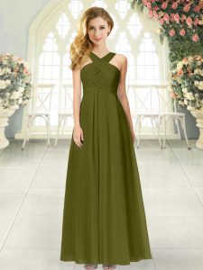 High Class Sleeveless Chiffon Floor Length Zipper Prom Evening Gown in Olive Green with Ruching