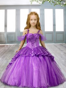 Sleeveless Floor Length Lace Up Kids Formal Wear in Purple with Embroidery