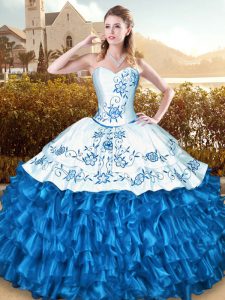 Blue 15 Quinceanera Dress Sweet 16 and Quinceanera with Embroidery Sweetheart Sleeveless Lace Up