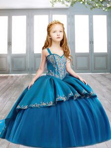 Best Teal Satin Lace Up Straps Sleeveless Little Girl Pageant Gowns Sweep Train Embroidery