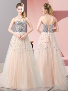 Discount Peach Sleeveless Tulle Lace Up Homecoming Dress for Prom and Party and Military Ball