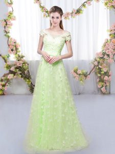 Yellow Green Cap Sleeves Floor Length Appliques Lace Up Damas Dress