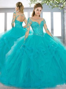Aqua Blue Scoop Neckline Beading and Lace and Appliques and Ruffles 15 Quinceanera Dress Long Sleeves Lace Up