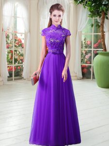 Exceptional Eggplant Purple Lace Up High-neck Appliques Prom Party Dress Tulle Cap Sleeves