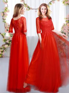Artistic Floor Length Red Dama Dress Scoop Half Sleeves Zipper