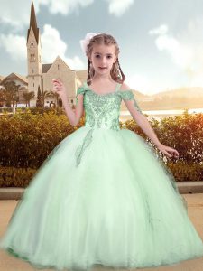 Green Short Sleeves Beading and Appliques Floor Length Pageant Gowns