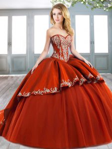 Cheap Sweep Train Ball Gowns Vestidos de Quinceanera Red Sweetheart Tulle Sleeveless Lace Up