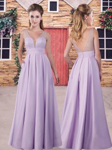 Great Floor Length Backless Dama Dress Lavender for Party and Wedding Party with Lace