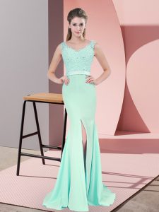 Customized Apple Green Mermaid Beading and Lace and Appliques Prom Gown Zipper Chiffon Sleeveless