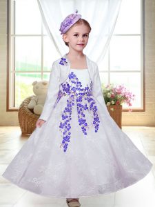 Artistic White Lace Zipper Flower Girl Dresses for Less Sleeveless Ankle Length Embroidery