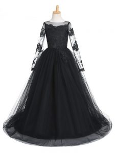 Latest Black A-line Tulle Scoop Long Sleeves Lace Clasp Handle Pageant Dress for Girls Brush Train