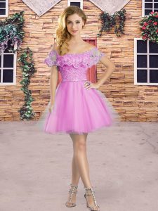 Free and Easy Cap Sleeves Tulle Mini Length Zipper Quinceanera Court of Honor Dress in Pink with Beading and Lace