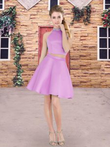 Mini Length Lilac Quinceanera Dama Dress High-neck Sleeveless Zipper