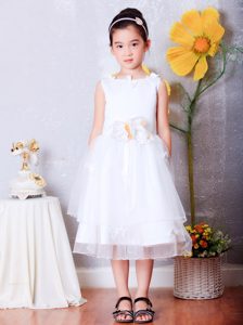 White Scoop Tea-length Organza Flower Girl Dress with Hand Flowers