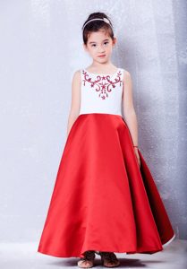 New White and Red Scoop Taffeta Flower Girl Dress with Embroidery