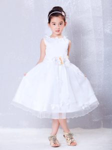 White Scoop Tea-length Organza Flower Girl Dress with Hand Made Flowers