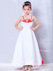 White and Red Straps Embroidery Flower Girl Dress in Satin for Cheap