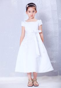 Exquisite Scoop Tea-length Taffeta Flower Girl Dress with Beading for Less