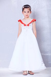 White and Red Scoop Satin and Organza Flower Girl Dress with Embroidery