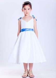 2013 White and Blue V-neck Tea-length Taffeta Flower Girl Dress Best Seller