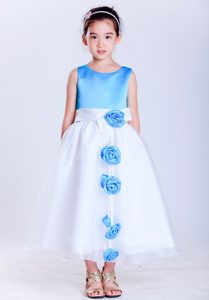 Scoop Taffeta and Organza Flower Girl Dress in White and Baby Blue