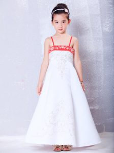 Straps White and Red Embroidery Flower Girl Dresses Made in Satin