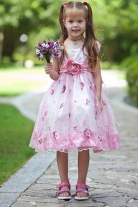 White and Pink Scoop Tea-length Flower Girl Dress in Taffeta and Organza