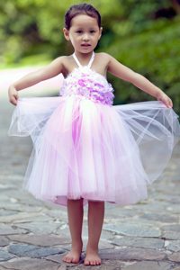 Pink Halter Knee-length Garden Wedding Flower Girl Dress with Flowers
