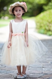 Scoop Taffeta and Tulle Dress for Flower Girls in White and Champagne