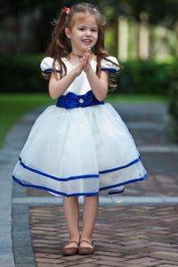 White and Blue Ball Gown Child Dresses with Bow in Taffeta and Organza