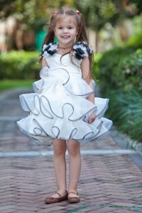 White Taffeta and Organza Short Baby Girls Dresses with Handle Flower