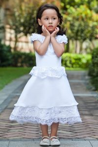 Scoop Ankle-length Dress for Flower Girls in Taffeta and Lace in White