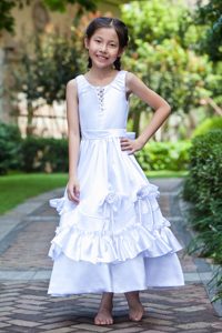 White Scoop Ankle-length Taffeta Girl Dress with Handle Flowers