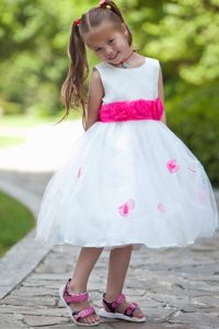 White Taffeta and Tulle Toddler Flower Girl Dresses with Pink Flowers