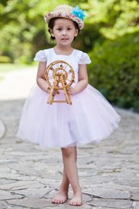 Knee-length Taffeta and Tulle Cheap Dress for Girls in White and Pink