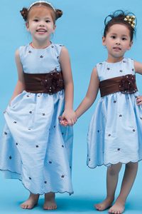Baby Blue Scoop Ankle-length Taffeta Baby Girl Dress with Appliques