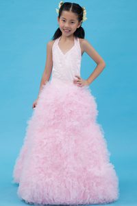 Beaded Halter Tulle Dresses for Kids in Baby Pink to Long