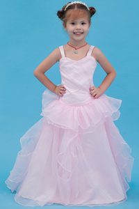 Baby Pink Straps Long Dresses for Little Girls in Organza
