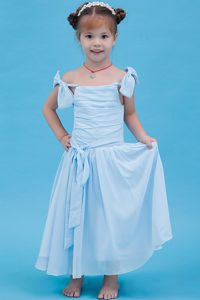 Baby Blue Straps Ruched Ankle-length Chiffon Little Girls Formal Dress
