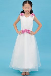 White V-neck Ankle-length Organza Flower Girl Dress with Handle Flower