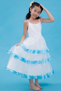 Straps Organza Little Girls Dresses with Ruche to Ankle-length in White