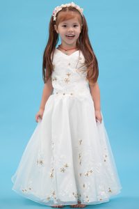 White Long Organza Cheap Dress for Girls with Appliques
