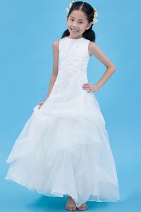 Pretty White Scoop Ankle-length Organza Flower Girl Dress with Appliques
