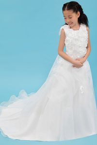 Scoop Organza Baby Girls Dresses with Flowers and Court Train