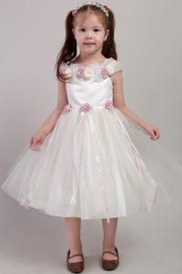 Pretty Tea-length Tulle White Flower Girl Dress with Hand Made Flowers