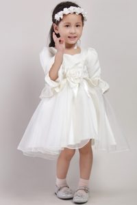White Square Organza and Taffeta Dresses for Kids with Flowers