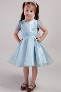 Blue Scoop Organza Dress for Flower Girls with Bowknot to Knee-length