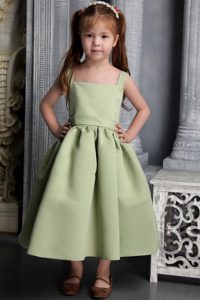 Olive Green Straps Satin Flower Girl Dress with Belt and Bowknot
