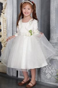 Tea-length Organza Toddler Flower Girl Dress with Sash in White