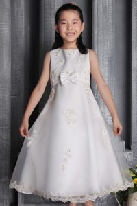 Scoop Tea-length Organza Dress for Teens with Beading in White